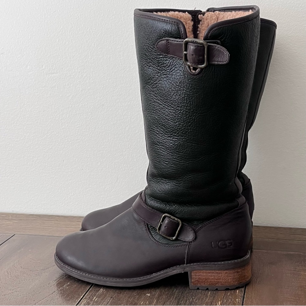 UGG Chancery Bomber Shearling Waterproof Engineer Brown Leather Boots Women 9